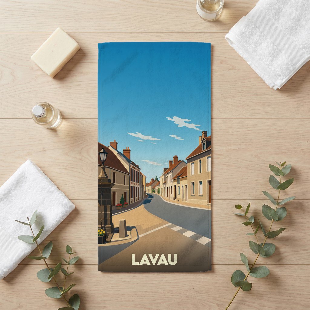 Serviette de bain souvenir de la ville de Lavau avec une illustration stylisée.