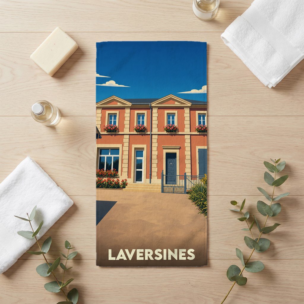 Serviette de bain souvenir de la ville de Laversines avec une illustration stylisée.