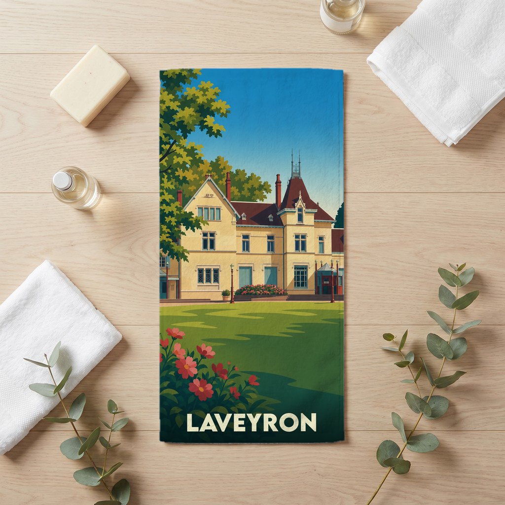 Serviette de bain souvenir de la ville de Laveyron illustrée d'un manoir entouré de verdure.