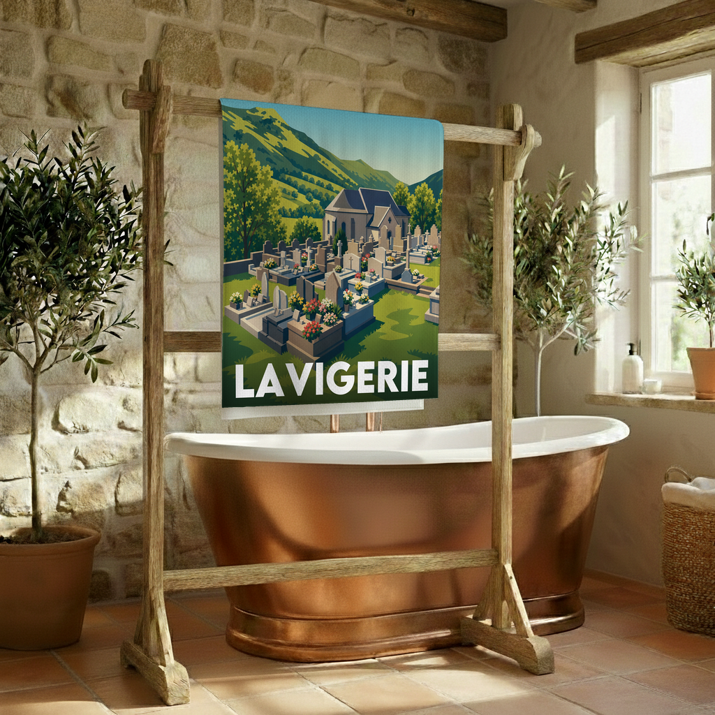 Serviette de bain souvenir de Lavigerie avec une illustration stylisée de son église et de son cimetière.