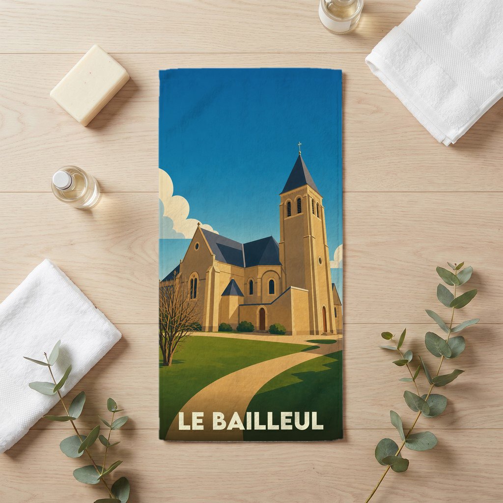 Serviette de bain souvenir de la ville de Le Bailleul avec une illustration stylisée de son église.