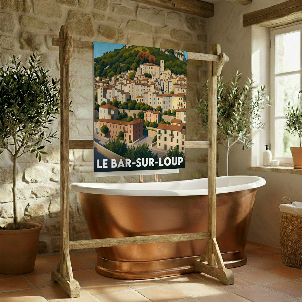 Serviette de bain souvenir de la ville de Le Bar-sur-Loup avec une illustration stylisée.