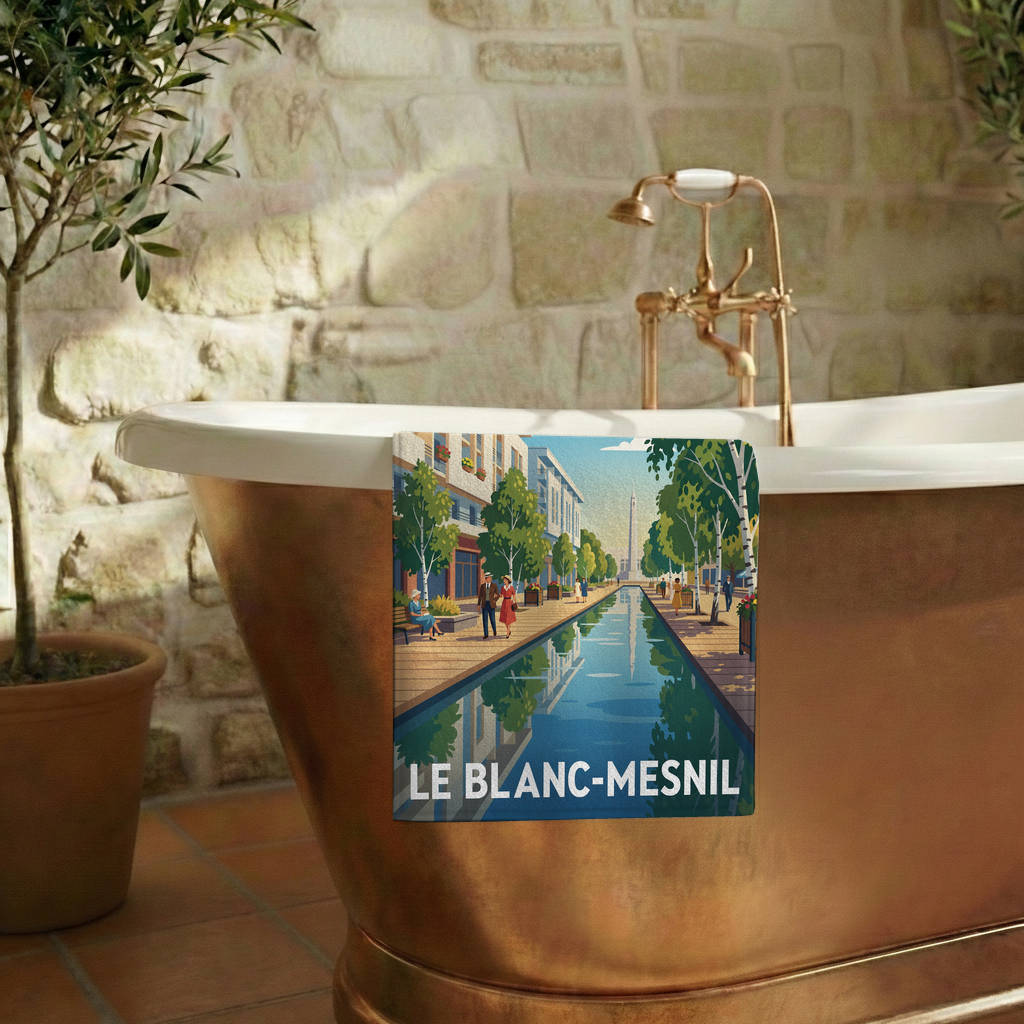 Serviette de bain souvenir de la ville de Le Blanc-Mesnil avec une illustration stylisée.