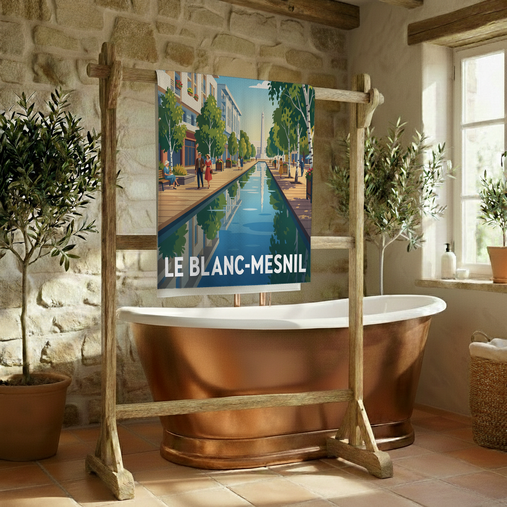 Serviette de bain souvenir de la ville de Le Blanc-Mesnil avec une illustration stylisée d'un canal urbain.