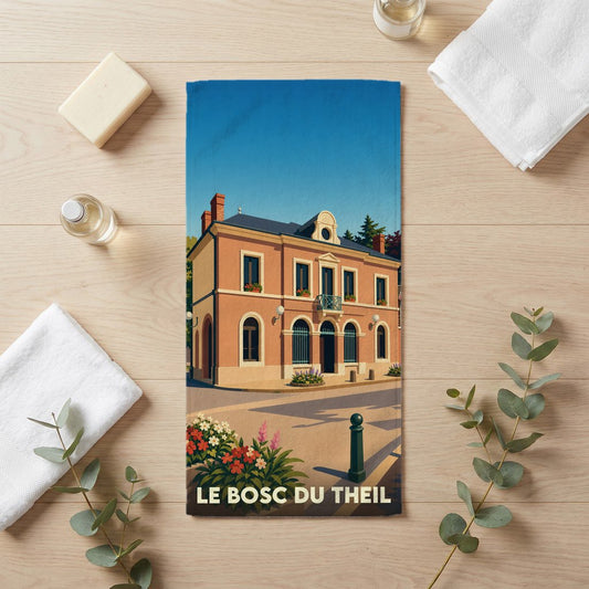 Serviette de bain souvenir de la ville de Le Bosc du Theil avec une illustration stylisée.