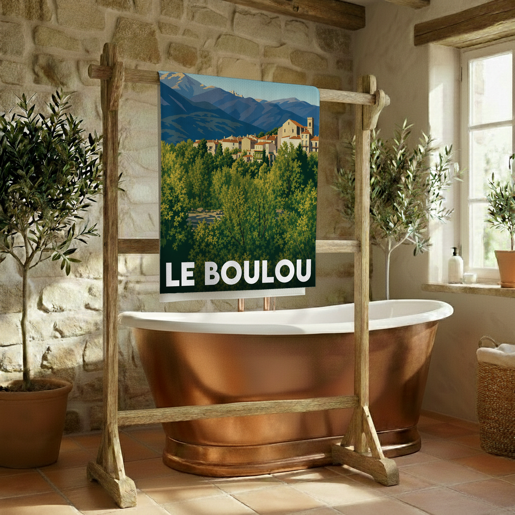 Serviette de bain souvenir de la ville de Le Boulou avec une illustration stylisée.