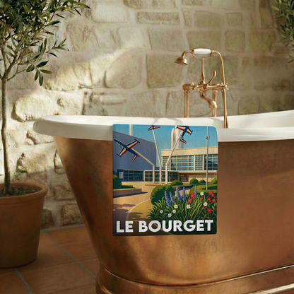 Serviette de bain souvenir de la ville de Le Bourget avec une illustration stylisée.