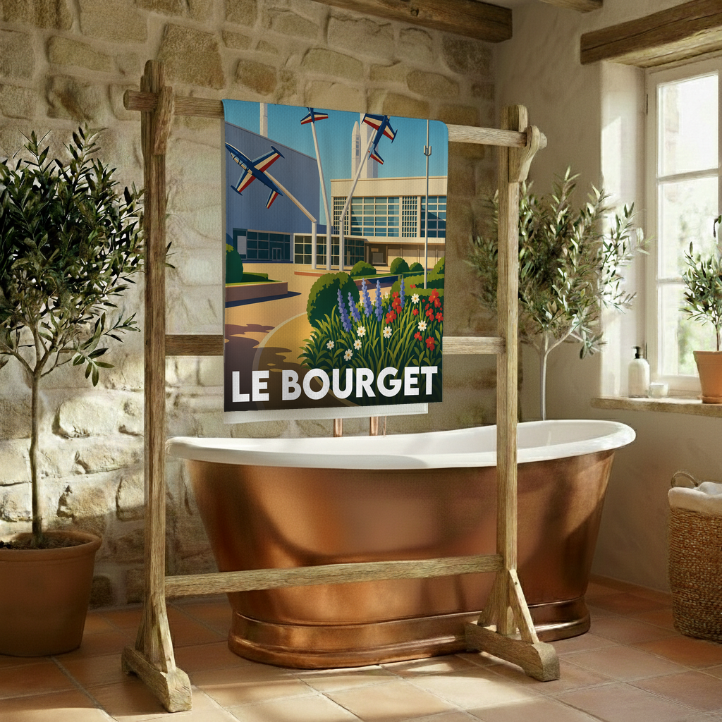 Serviette de bain souvenir de la ville de Le Bourget avec une illustration stylisée.