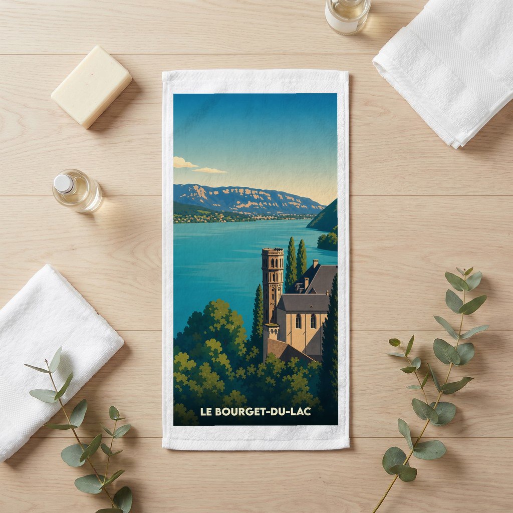 Serviette de bain souvenir de la ville du Bourget-du-Lac avec une illustration stylisée.