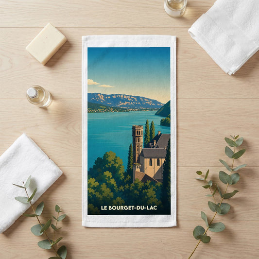 Serviette de bain souvenir de la ville du Bourget-du-Lac avec une illustration stylisée.