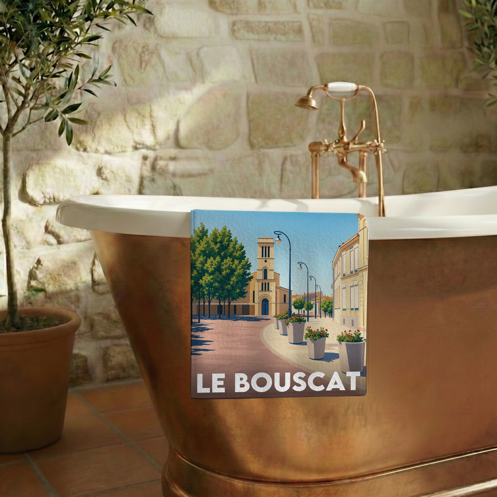 Serviette de bain souvenir de la ville du Bouscat avec une illustration stylisée.