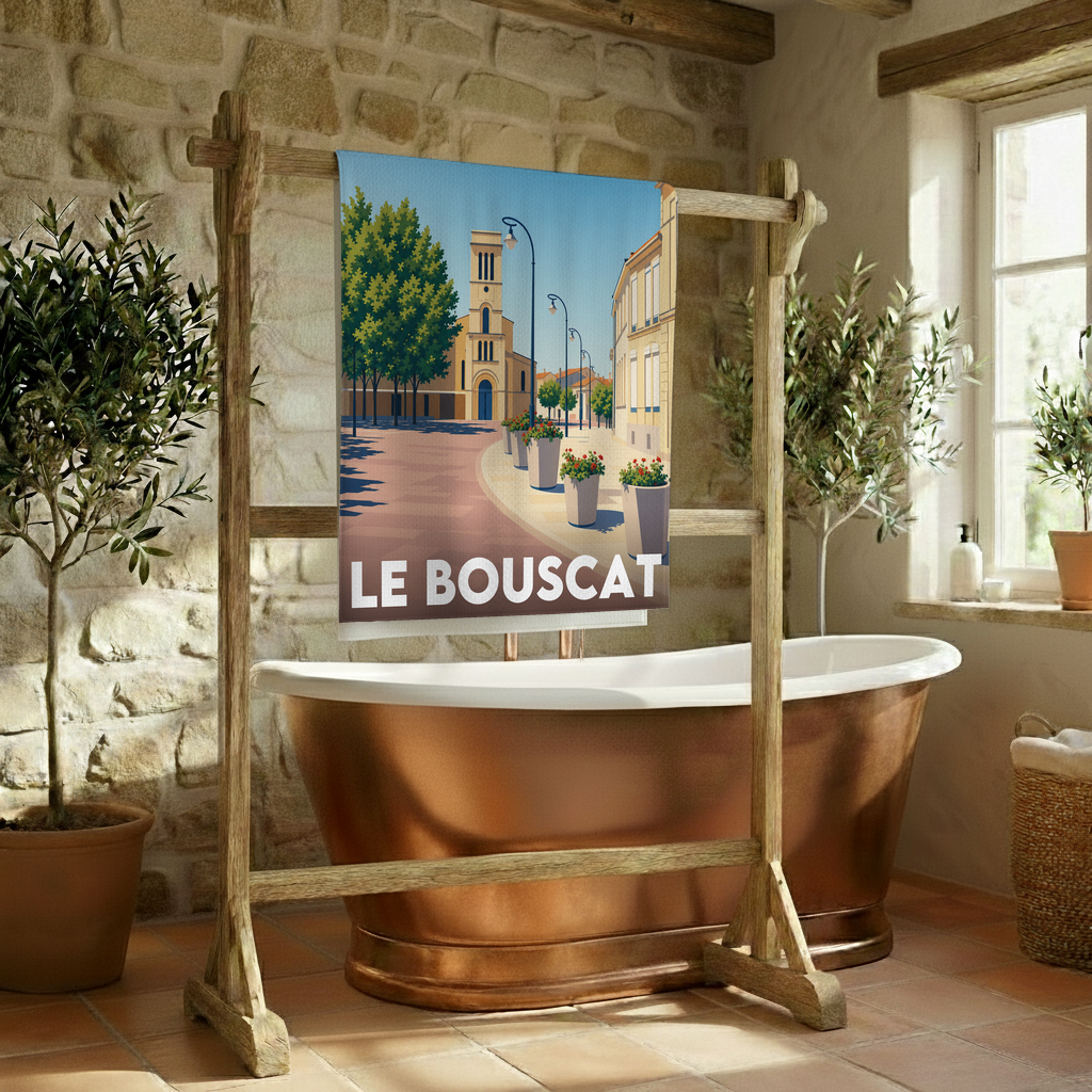 Serviette de bain souvenir de la ville de Le Bouscat avec une illustration stylisée.