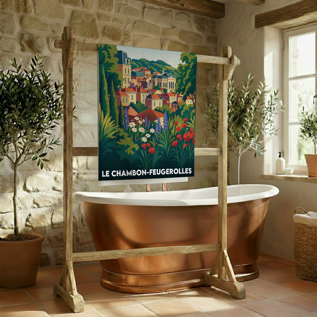 Serviette de bain souvenir de la ville de Le Chambon-Feugerolles avec une illustration stylisée et colorée.