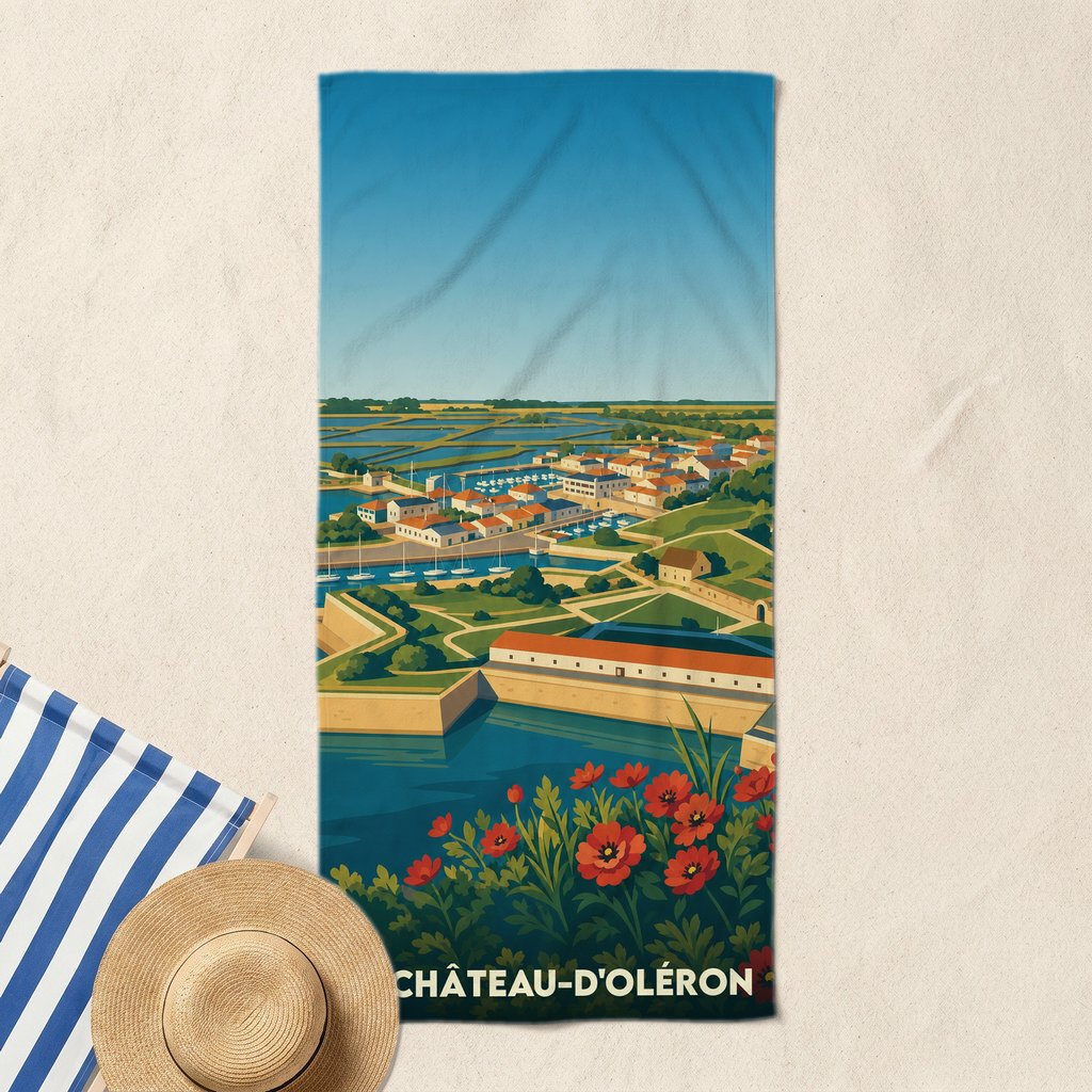Serviette de bain souvenir de la ville de Le Château-d'Oléron avec une illustration stylisée de sa citadelle et de son port.