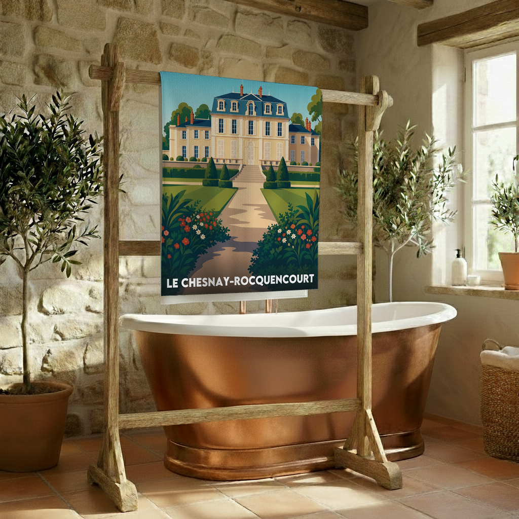 Serviette de bain souvenir de la ville de Le Chesnay-Rocquencourt avec une illustration stylisée de son patrimoine.
