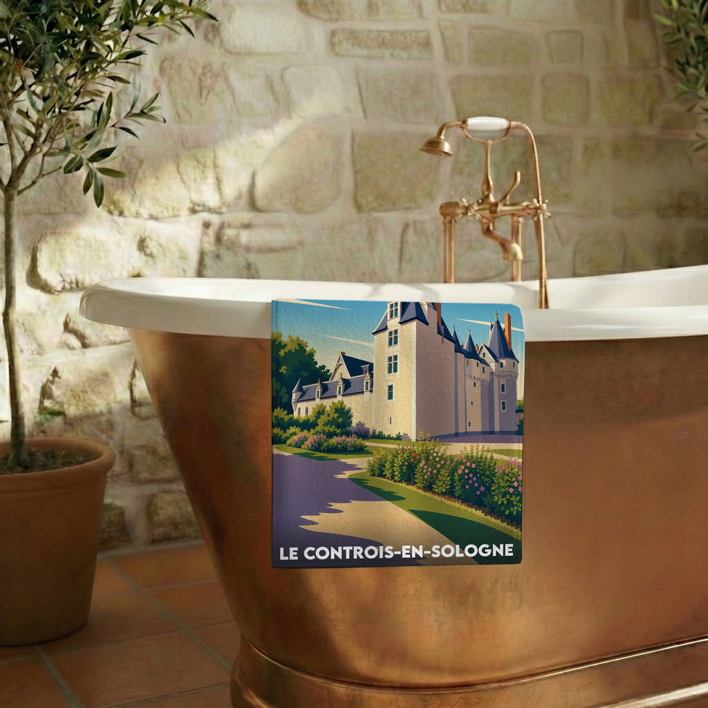 Serviette de bain souvenir de la ville de Le Controis-en-Sologne avec une illustration stylisée de son château.