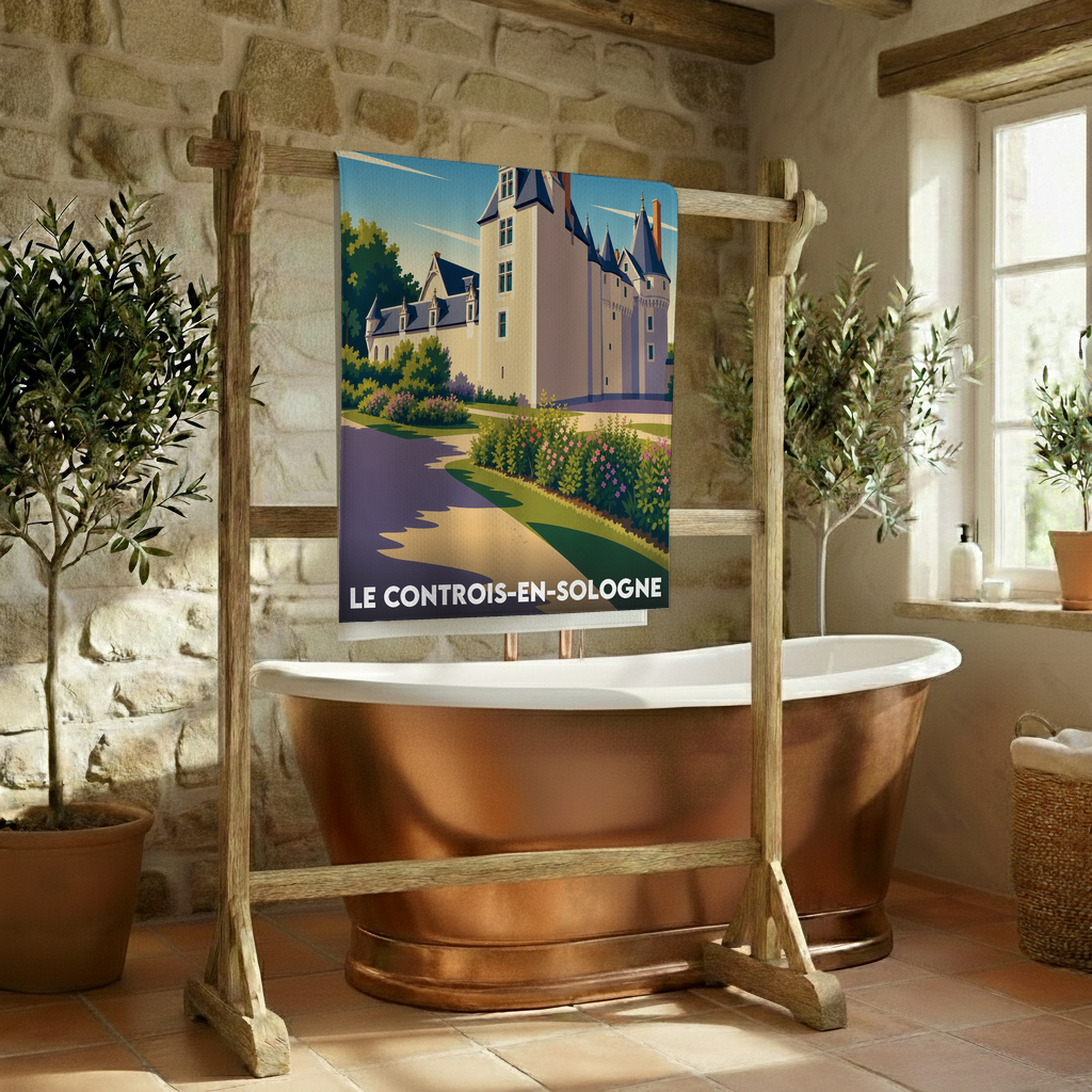 Serviette de bain souvenir de la ville de Le Controis-en-Sologne avec une illustration stylisée d'un château.