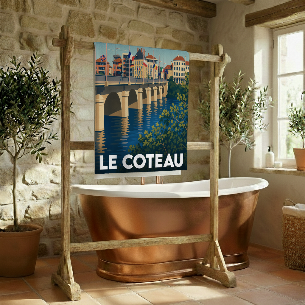 Serviette de bain souvenir de la ville du Coteau ornée d'une illustration stylisée de son pont et de son fleuve.