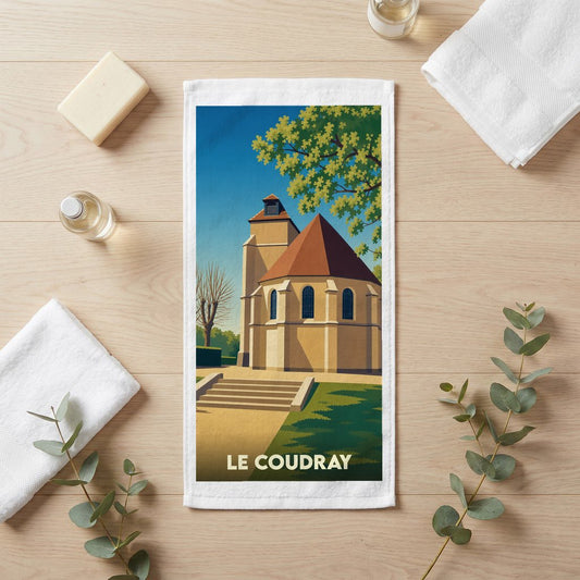 Serviette de bain souvenir de la ville de Le Coudray avec une illustration stylisée de son église.