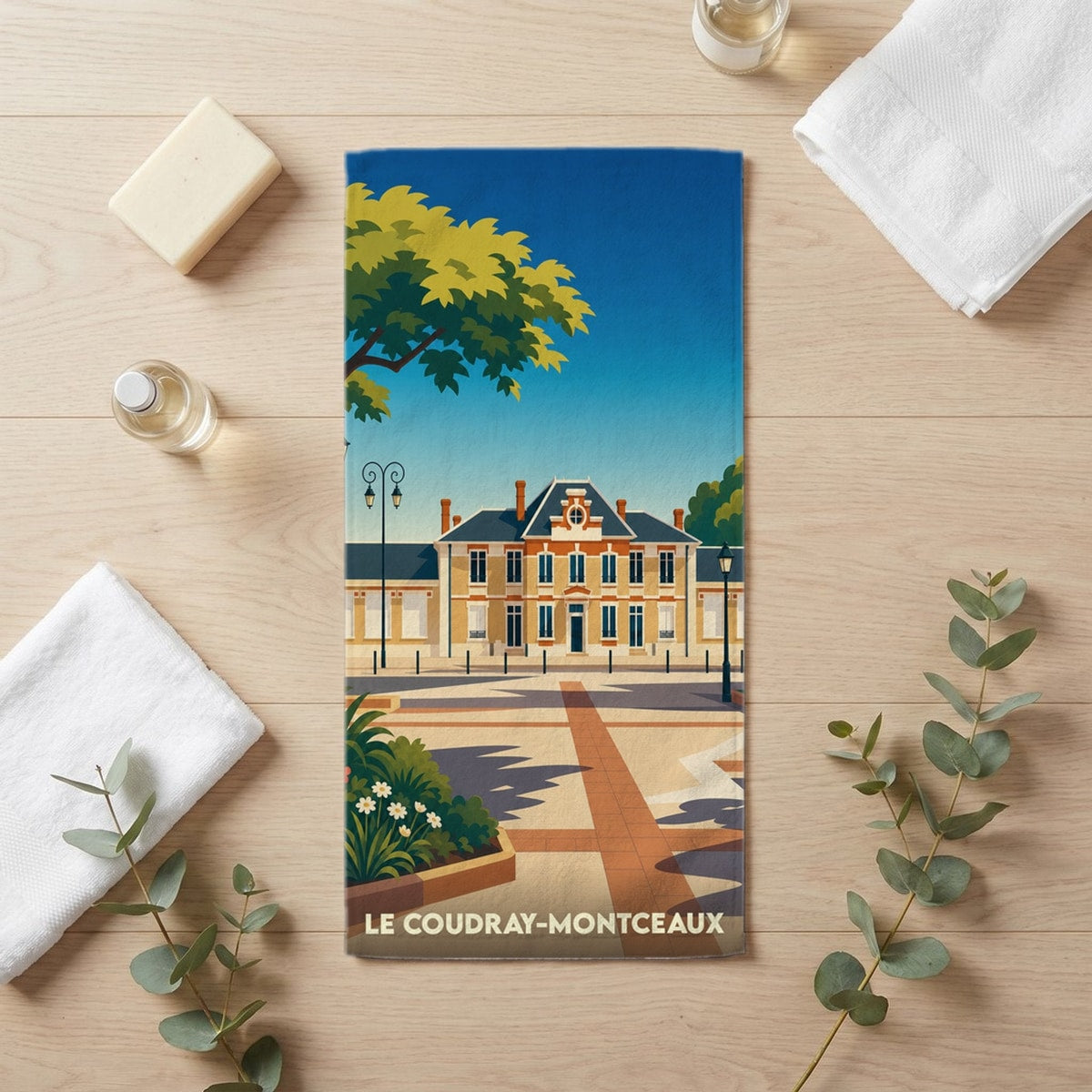 Serviette de bain 30 cm x 60 cm souvenir de Le Coudray-Montceaux
