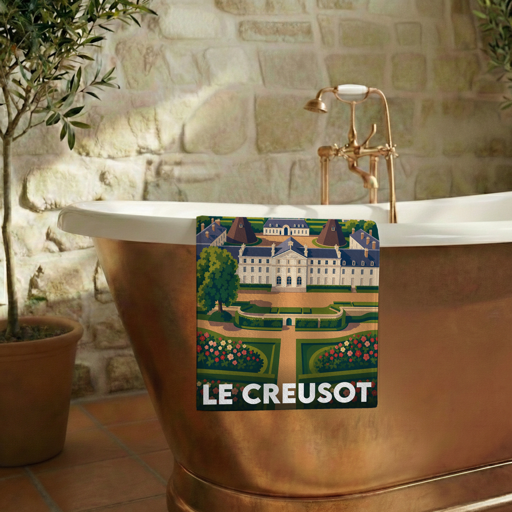 Serviette de bain souvenir de la ville de Le Creusot avec une illustration stylisée.
