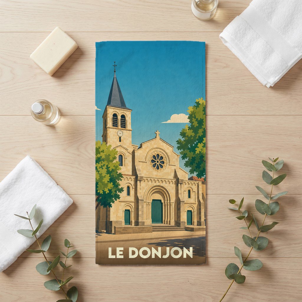 Serviette de bain souvenir de la ville du Donjon avec une illustration stylisée d'une église.