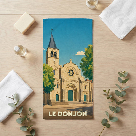 Serviette de bain souvenir de la ville du Donjon avec une illustration stylisée d'une église.