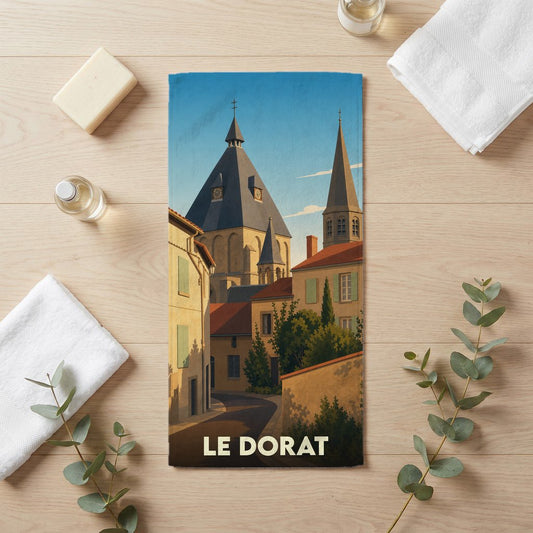 Serviette de bain souvenir de la ville de Le Dorat avec une illustration stylisée de son église et de ses ruelles.