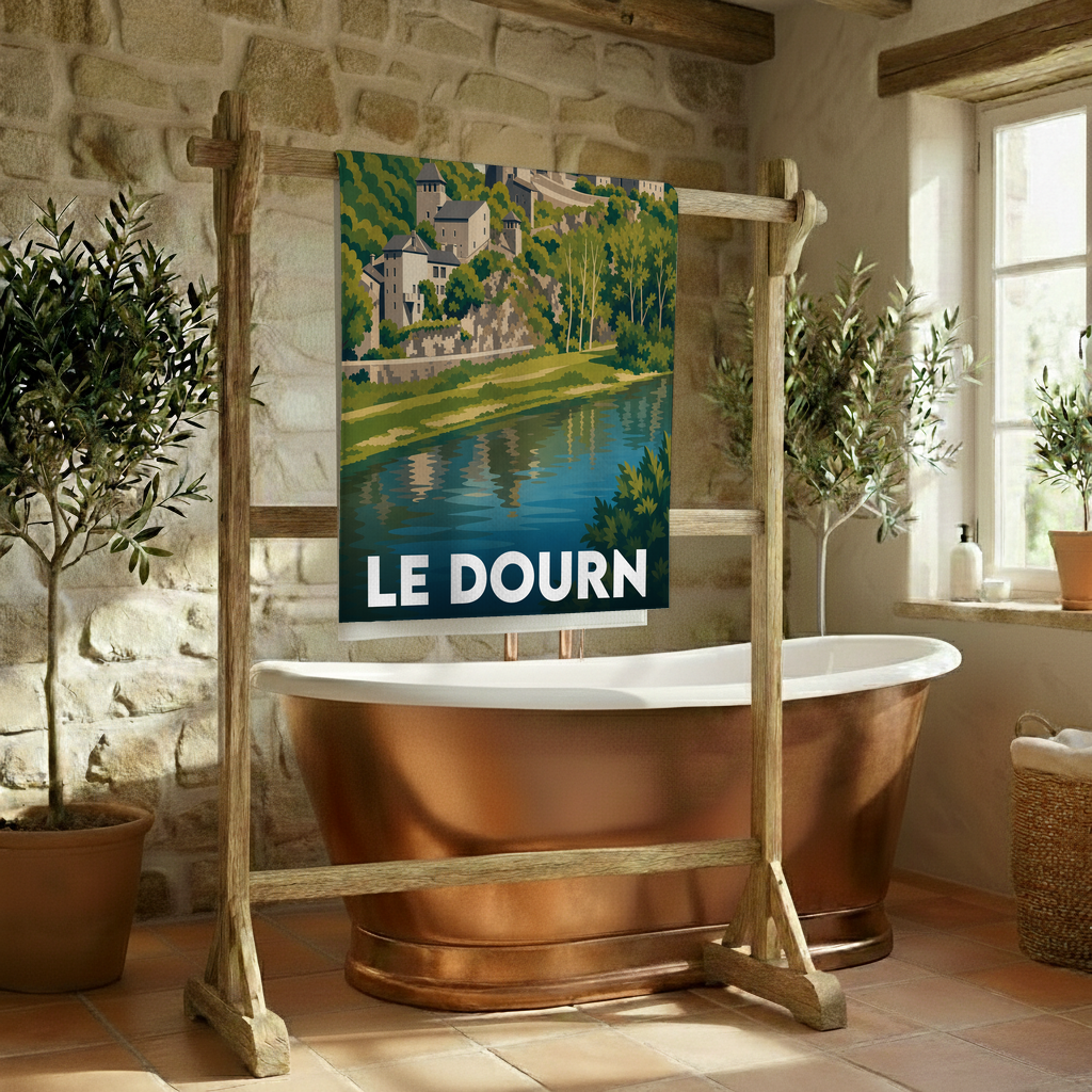 Serviette de bain souvenir de la ville de Le Dourn avec une illustration stylisée.