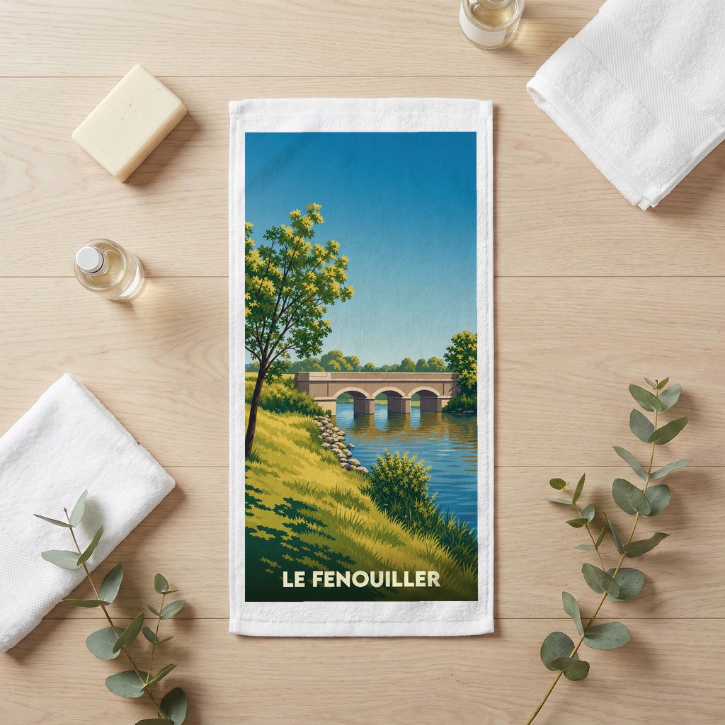 Serviette de bain souvenir de la ville de Le Fenouiller avec une illustration stylisée d'un pont sur une rivière.