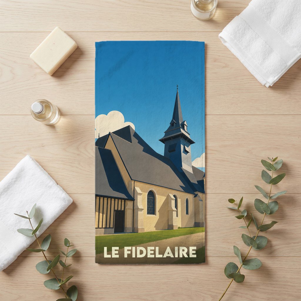 Serviette de bain souvenir de la ville de Le Fidelaire avec une illustration stylisée de son église.