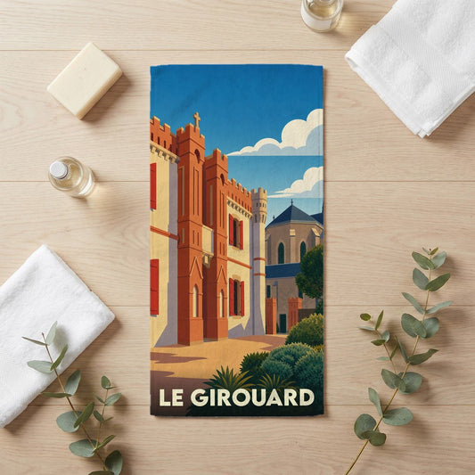 Serviette de bain souvenir de la ville de Le Girouard avec une illustration stylisée.
