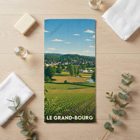 Serviette de bain souvenir de la ville de Le Grand-Bourg avec une illustration de paysage rural.