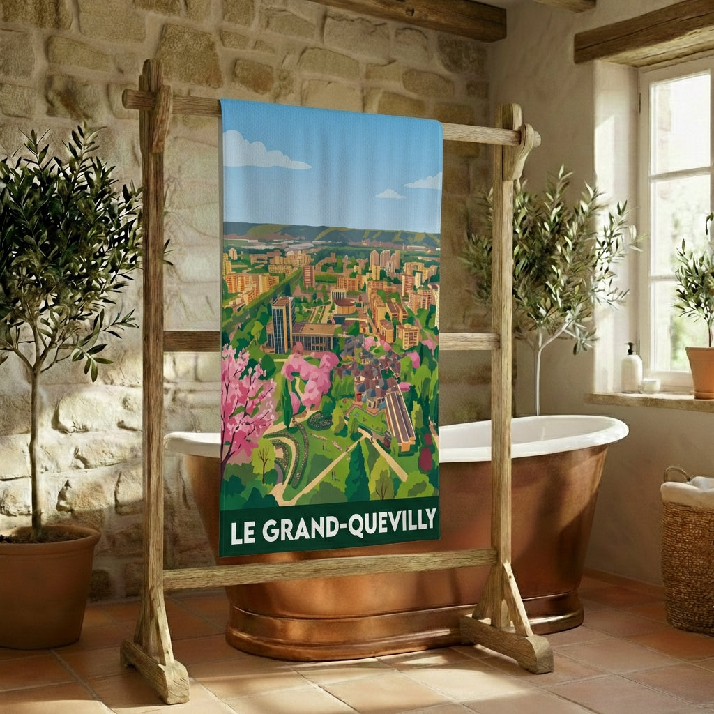 Serviette de bain souvenir de la ville de Le Grand-Quevilly avec une illustration stylisée.