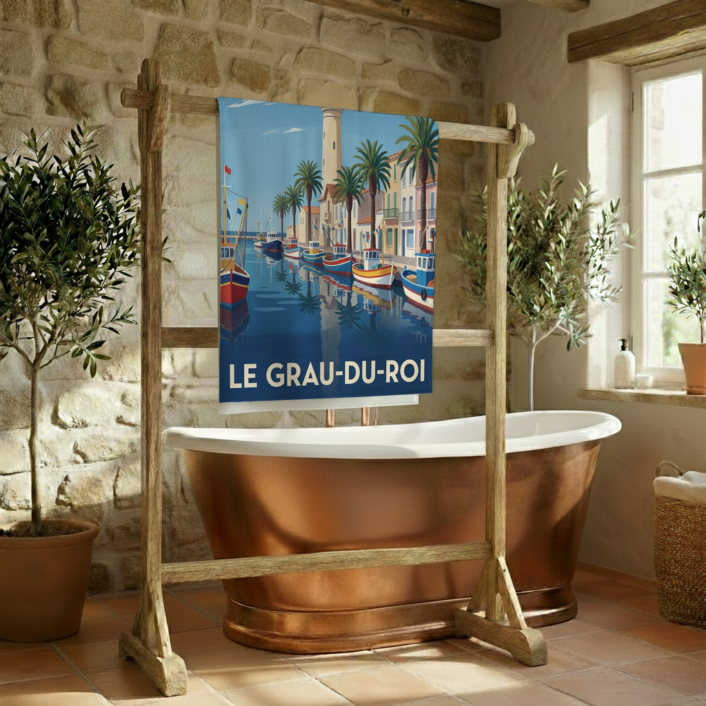 Serviette de bain souvenir de la ville du Grau-du-Roi avec une illustration stylisée de son port.