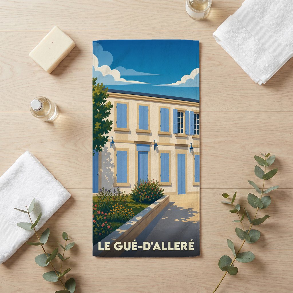 Serviette de bain souvenir de la ville de Le Gué-d'Alleré avec une illustration stylisée.