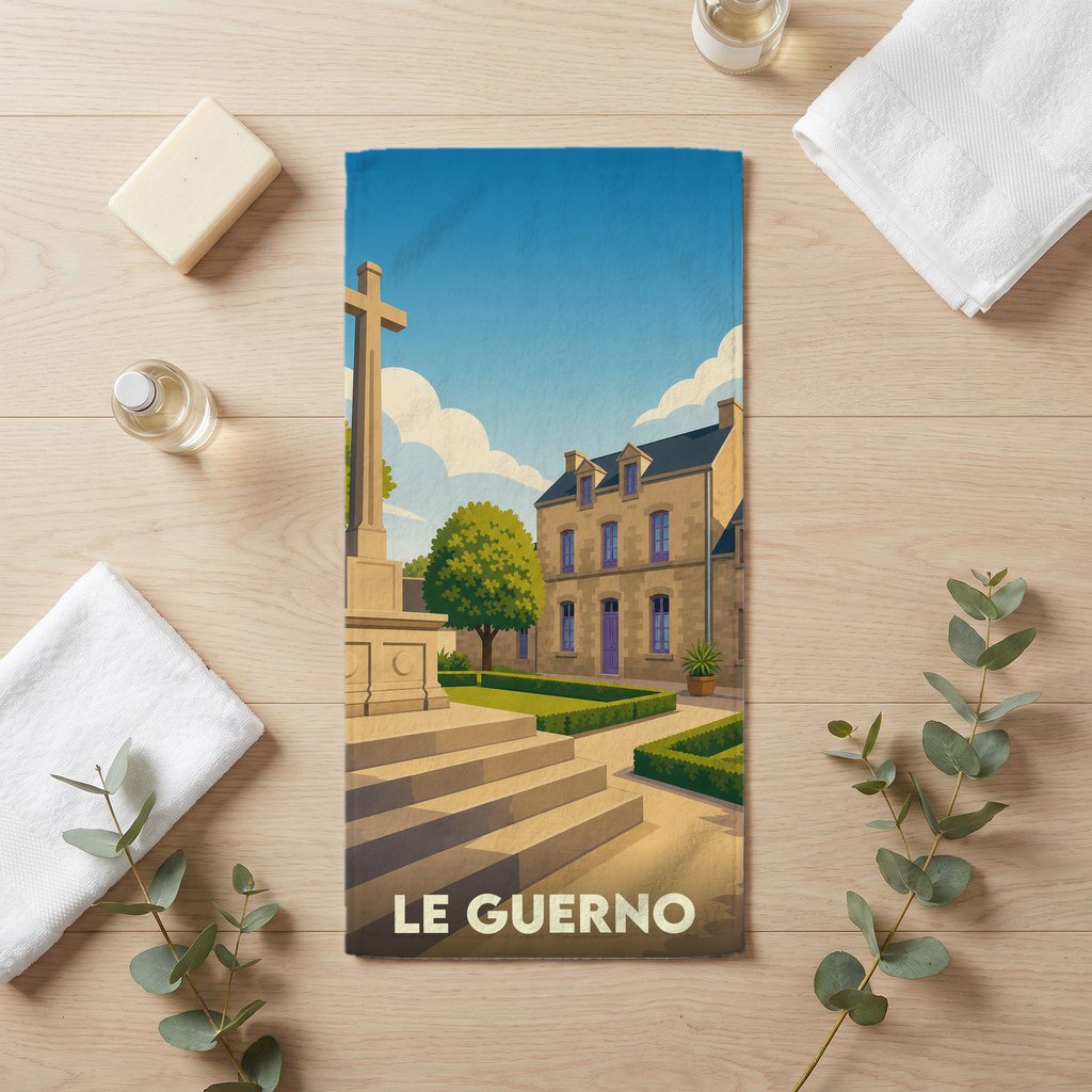 Serviette de bain souvenir de la ville du Guerno avec une illustration stylisée.