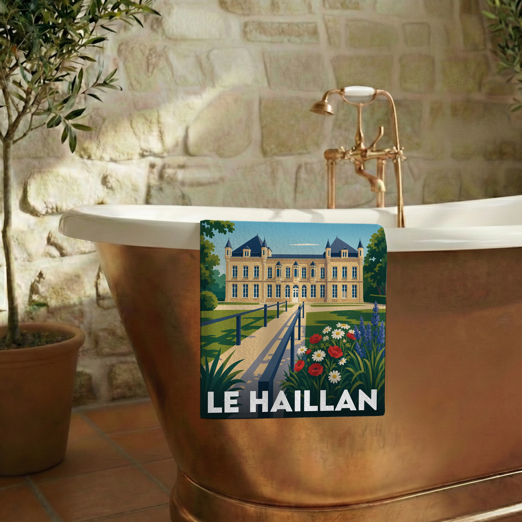 Serviette de bain souvenir de la ville de Le Haillan avec une illustration stylisée.