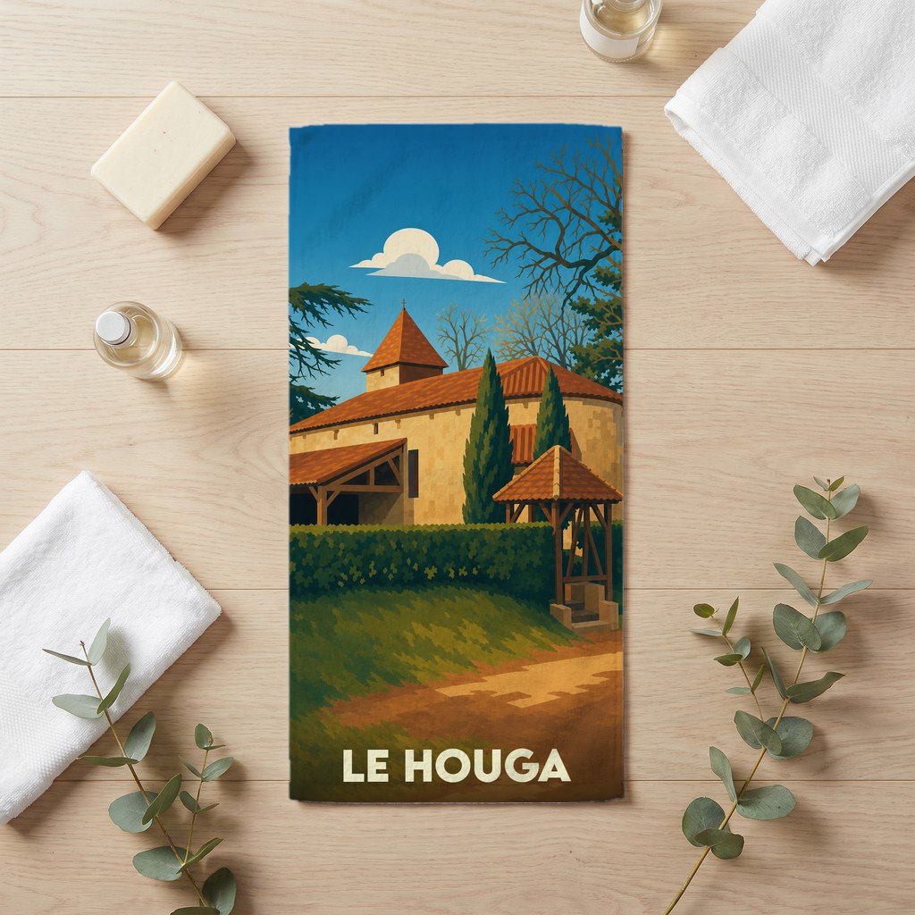 Serviette de bain souvenir de la ville de Le Houga avec une illustration stylisée.