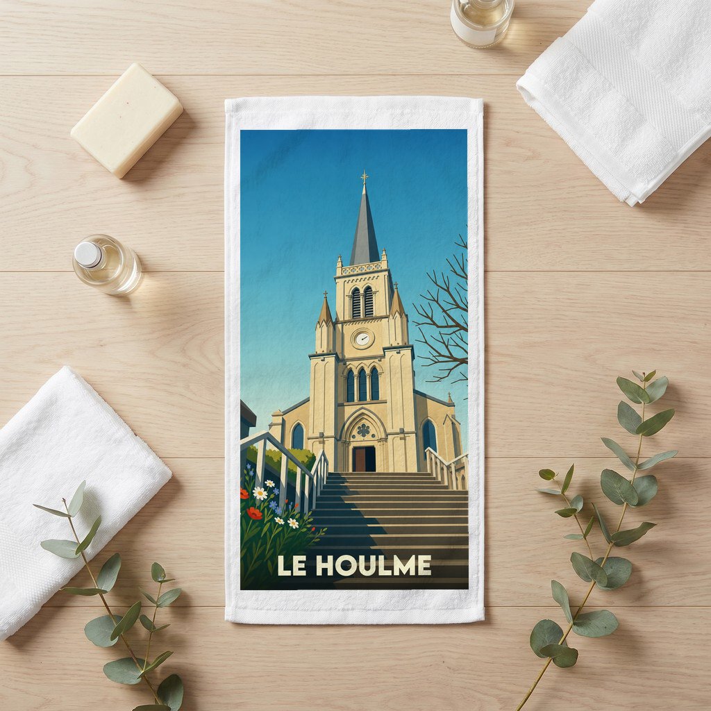 Serviette de bain souvenir de la ville de Le Houlme avec une illustration stylisée de son église.