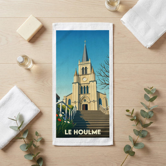 Serviette de bain souvenir de la ville de Le Houlme avec une illustration stylisée de son église.