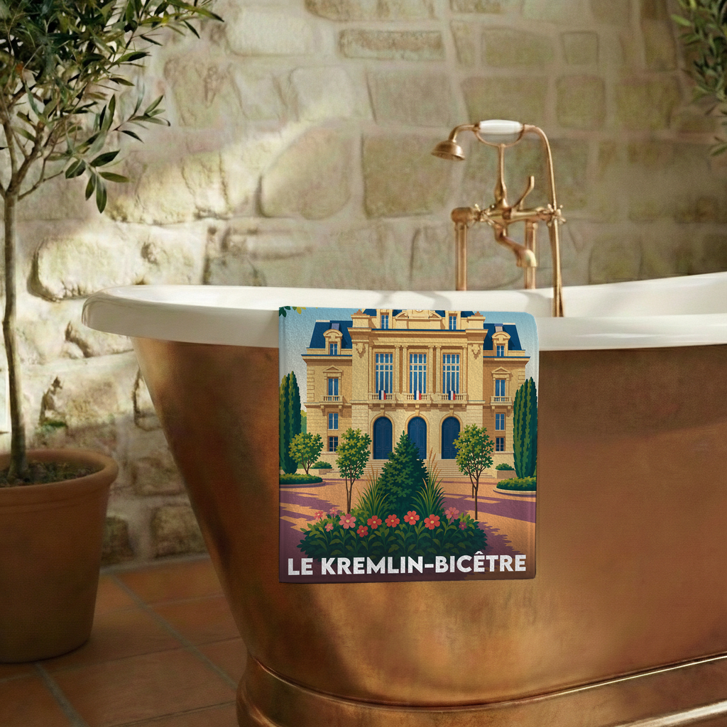 Serviette de bain souvenir de la ville du Kremlin-Bicêtre avec une illustration stylisée de sa mairie.