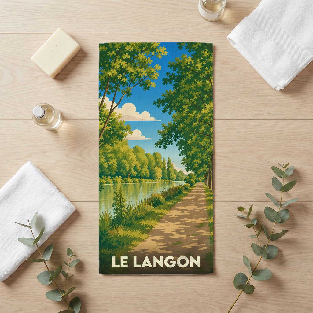 Serviette de bain souvenir de la ville de Le Langon avec une illustration stylisée d'un chemin au bord de l'eau.