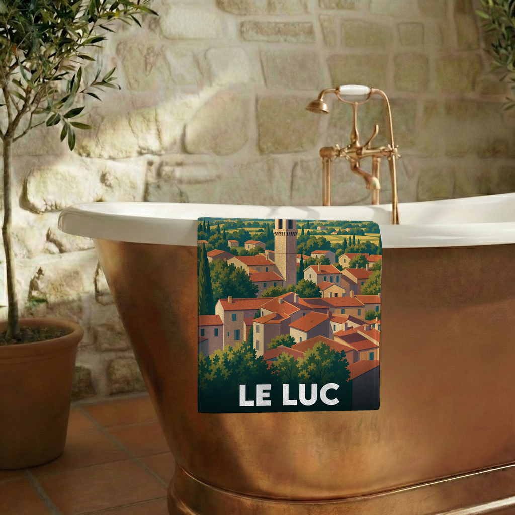Serviette de bain souvenir de la ville de Le Luc illustrée par un paysage provençal stylisé.