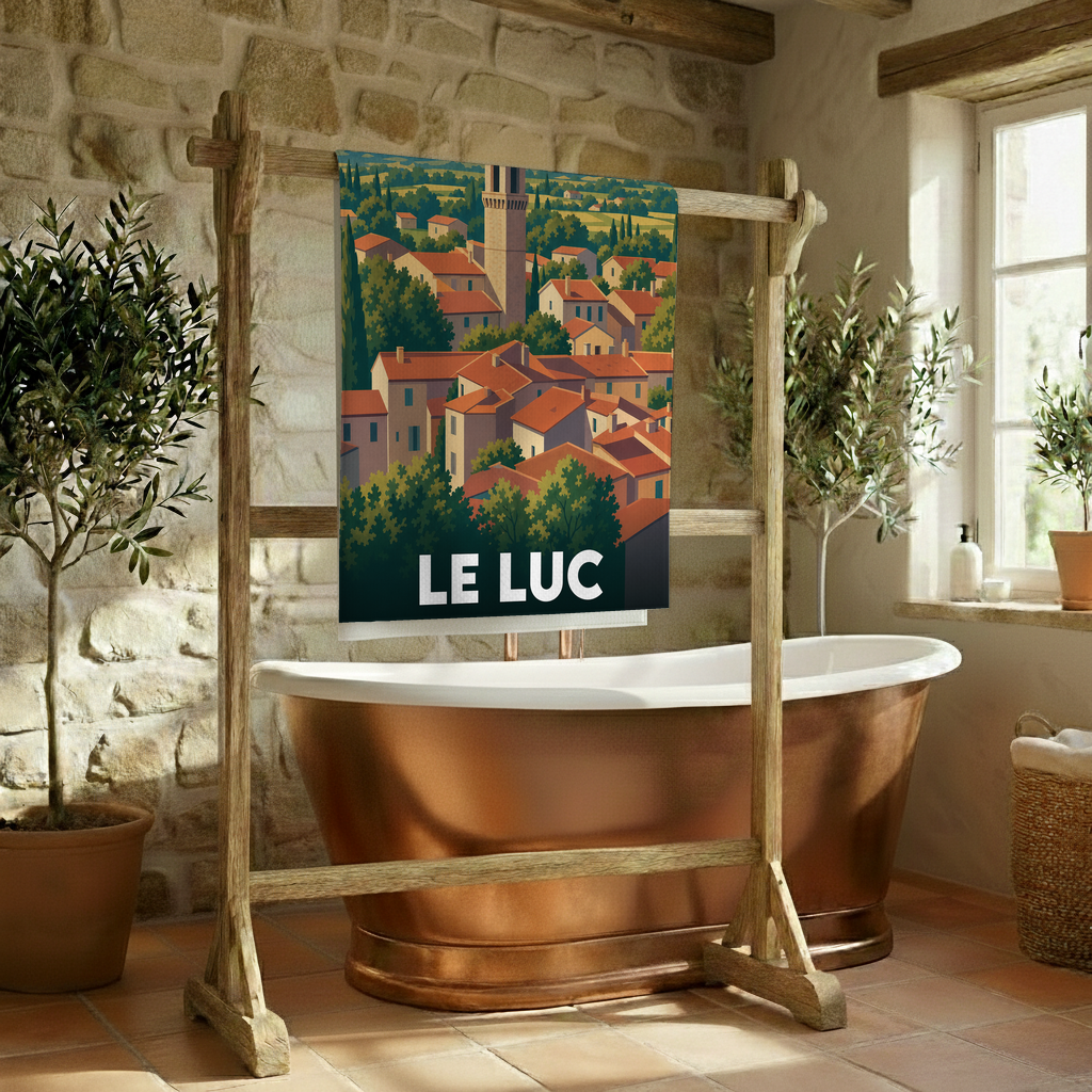 Serviette de bain souvenir de la ville de Le Luc avec une illustration stylisée.