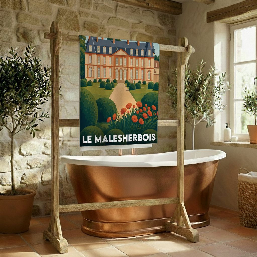 Serviette de bain souvenir de la ville de Le Malesherbois avec une illustration stylisée d'un château et ses jardins.