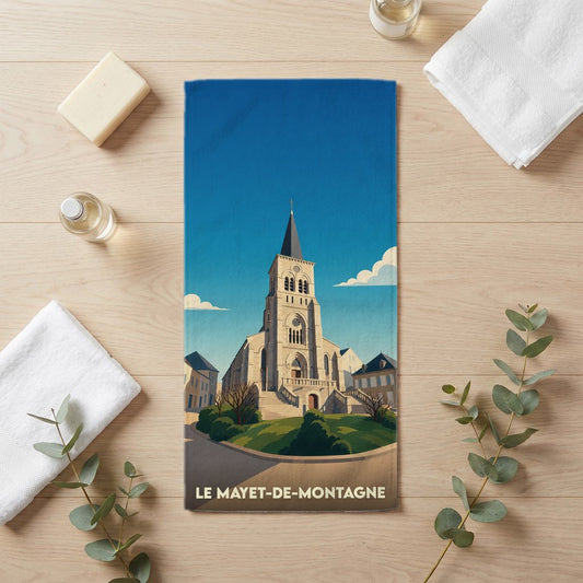 Serviette de bain souvenir de la ville de Le Mayet-de-Montagne avec une illustration stylisée de son église.