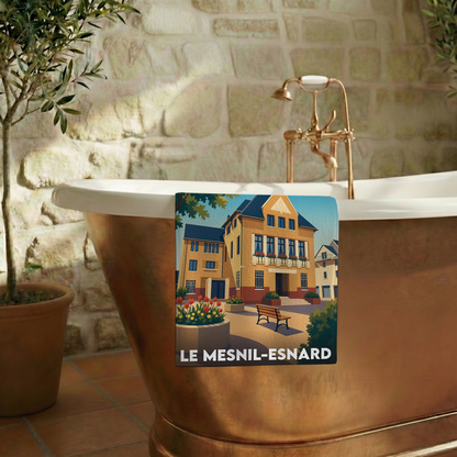 Serviette de bain souvenir de la ville de Le Mesnil-Esnard avec une illustration stylisée.