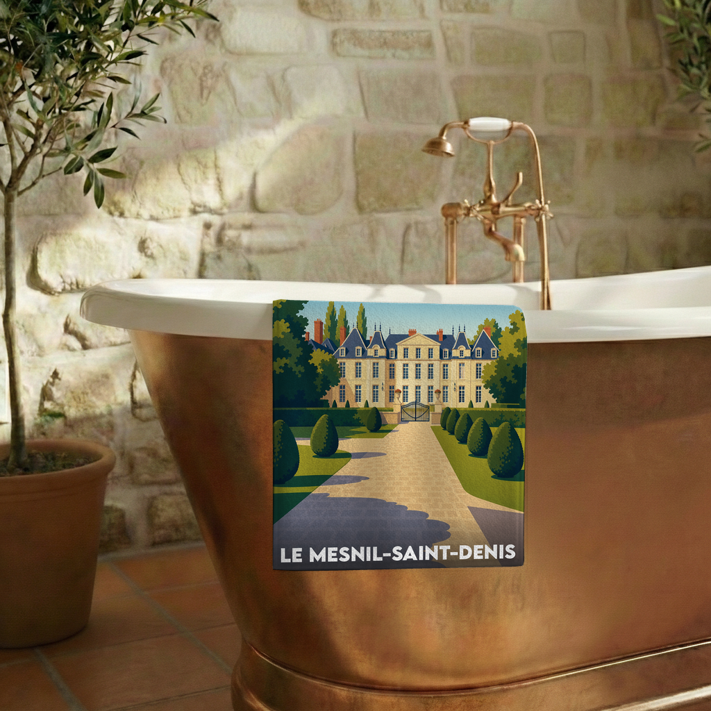 Serviette de bain souvenir de la ville de Le Mesnil-Saint-Denis avec une illustration stylisée de son château.