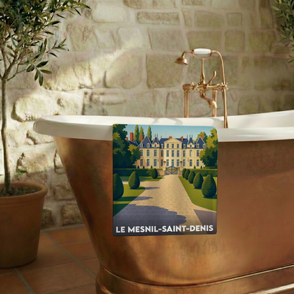 Serviette de bain souvenir de la ville de Le Mesnil-Saint-Denis avec une illustration stylisée de son château.